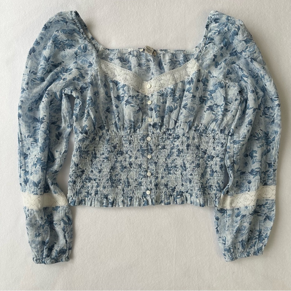 American Eagle Off The Shoulder Boho Floral Crop Top Lace Ruffle Cotton Size M - Picture 5 of 11